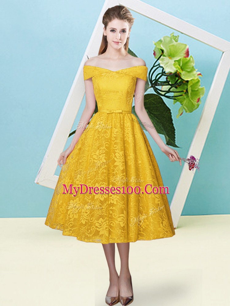 Gold Lace Up Off The Shoulder Bowknot Dama Dress Lace Cap Sleeves