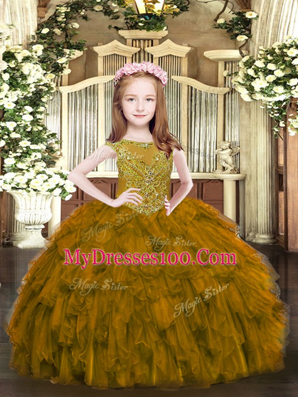 Custom Designed Beading and Ruffles Girls Pageant Dresses Brown Zipper Sleeveless Floor Length