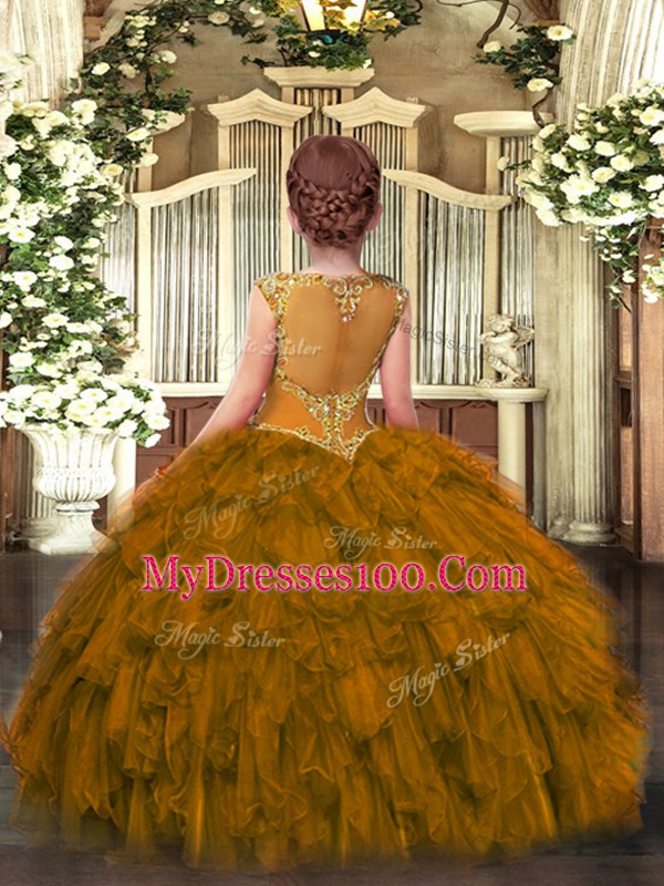 Custom Designed Beading and Ruffles Girls Pageant Dresses Brown Zipper Sleeveless Floor Length