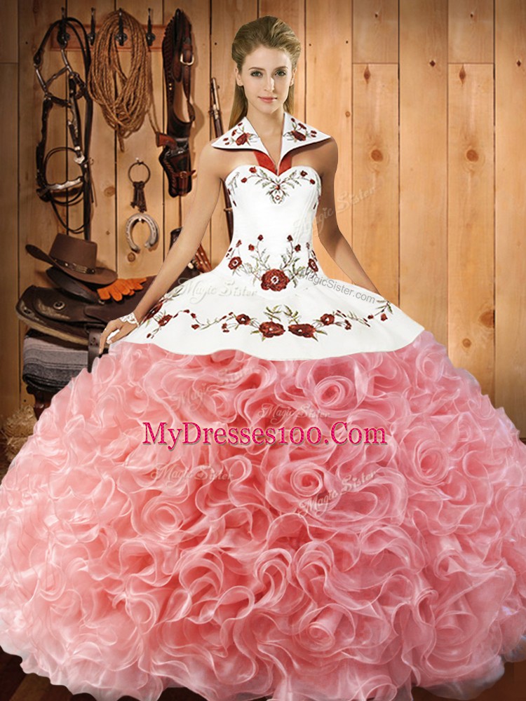 Flare Watermelon Red Fabric With Rolling Flowers Lace Up Halter Top Sleeveless Floor Length Quinceanera Dresses Embroidery