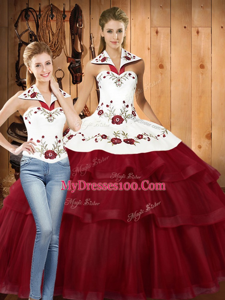 Admirable Halter Top Sleeveless Sweep Train Lace Up Sweet 16 Dresses Wine Red Satin and Organza