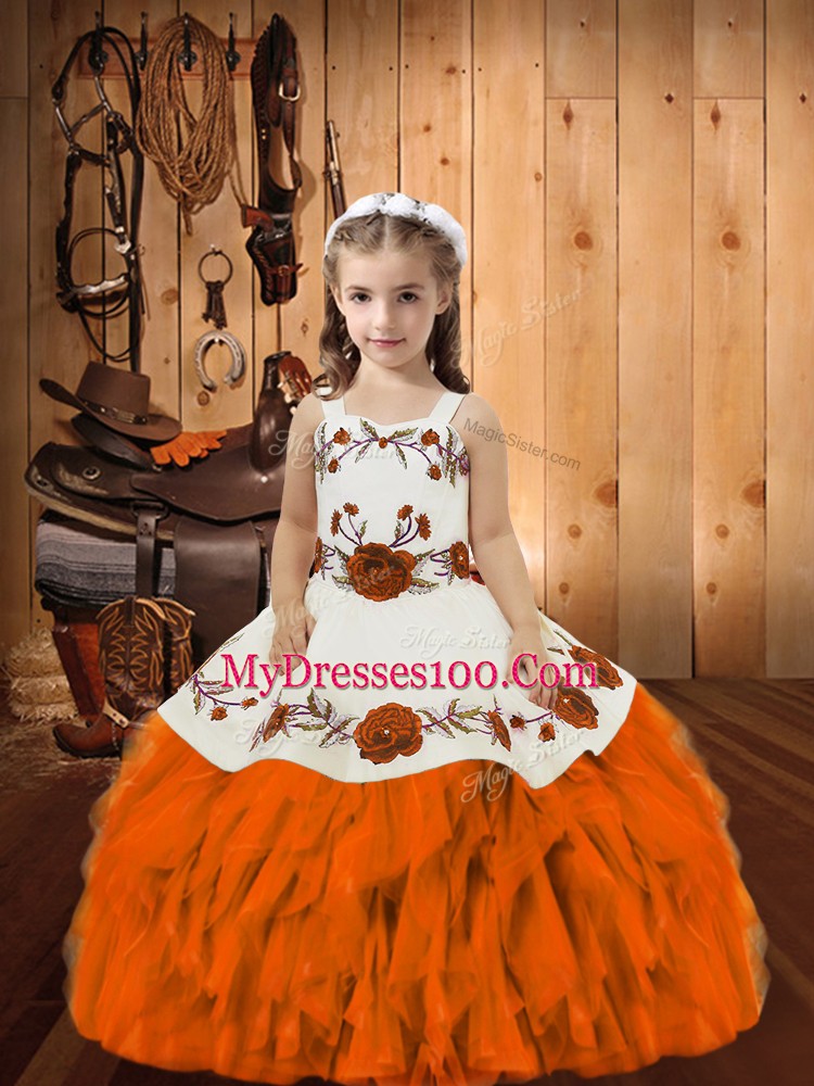 Wonderful Floor Length Orange Little Girls Pageant Dress Organza Sleeveless Embroidery and Ruffles