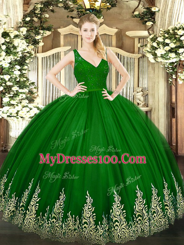 Vintage Green Quinceanera Gowns Sweet 16 and Quinceanera with Beading and Appliques V-neck Sleeveless Zipper
