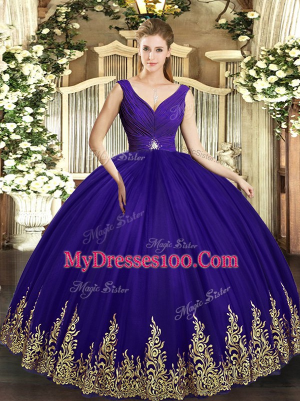 Great Purple Sleeveless Tulle Backless 15th Birthday Dress for Sweet 16 and Quinceanera