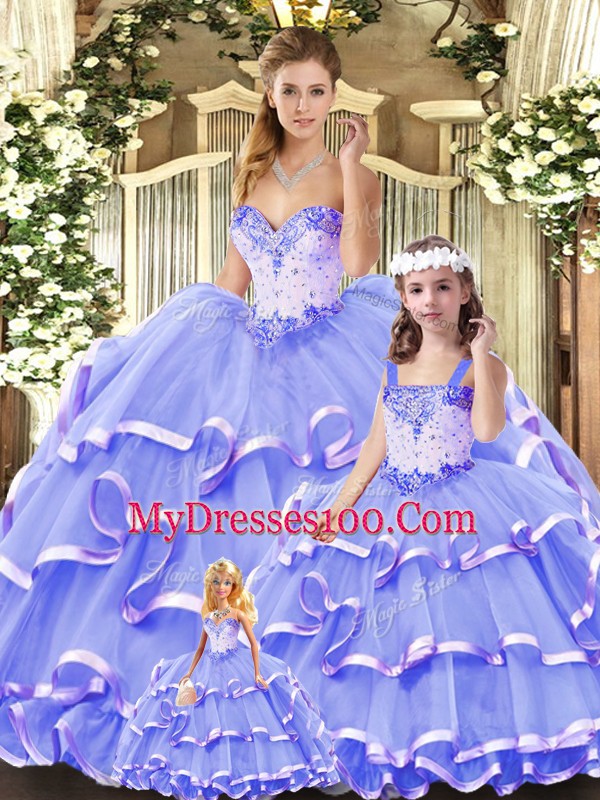 Perfect Lavender Ball Gowns Tulle Sweetheart Sleeveless Beading and Ruffled Layers Floor Length Lace Up Quinceanera Gowns