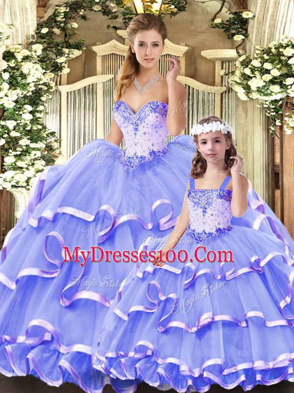 Perfect Lavender Ball Gowns Tulle Sweetheart Sleeveless Beading and Ruffled Layers Floor Length Lace Up Quinceanera Gowns