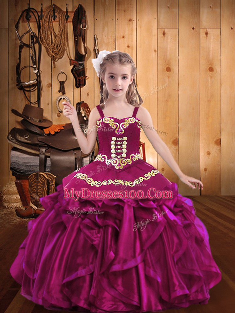 Floor Length Lace Up Little Girls Pageant Dress Fuchsia for Party and Sweet 16 and Quinceanera and Wedding Party with Embroidery and Ruffles