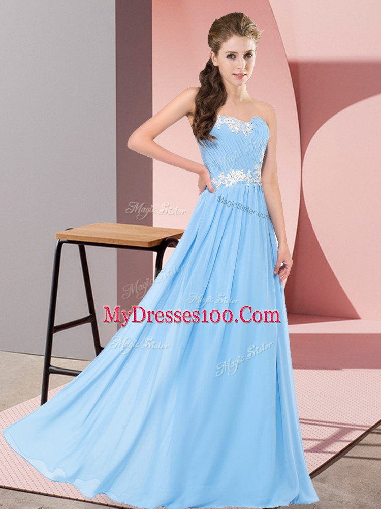 Floor Length Lace Up Prom Evening Gown Aqua Blue for Prom and Party with Appliques
