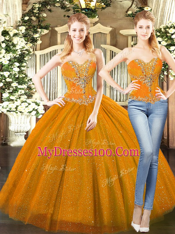 Chic Tulle Sweetheart Sleeveless Lace Up Beading Ball Gown Prom Dress in Orange Red