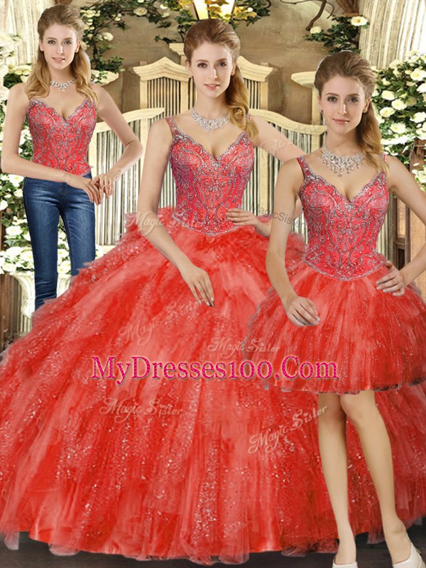 Charming Beading and Ruffles Ball Gown Prom Dress Red Lace Up Sleeveless Floor Length