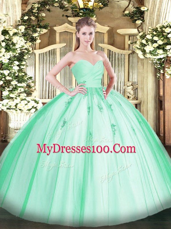 Flare Floor Length Apple Green Quince Ball Gowns Tulle Sleeveless Beading and Appliques
