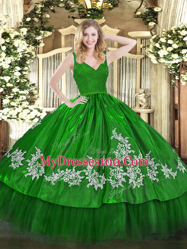 Luxury Green Backless Straps Beading and Lace and Appliques Quinceanera Gown Taffeta Sleeveless