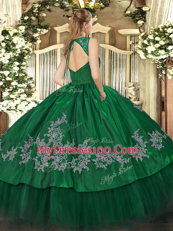 Luxury Green Backless Straps Beading and Lace and Appliques Quinceanera Gown Taffeta Sleeveless
