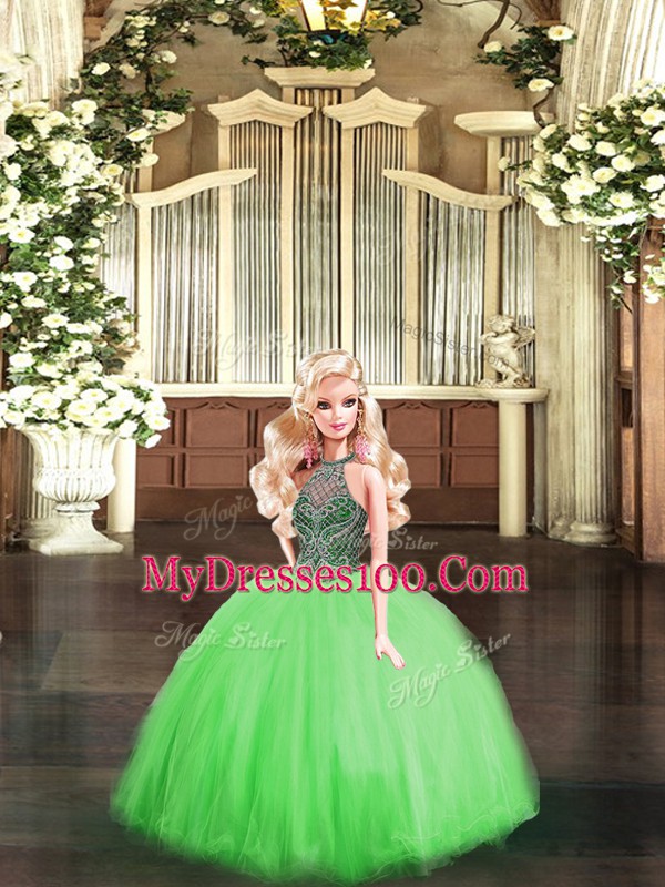 Great Ball Gowns Sweet 16 Dress Green Halter Top Tulle Sleeveless Floor Length Lace Up