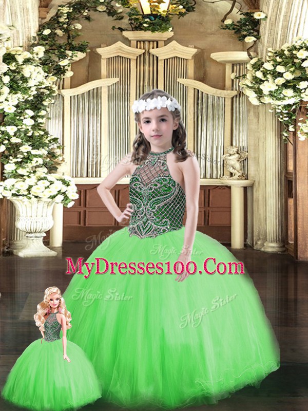 Great Ball Gowns Sweet 16 Dress Green Halter Top Tulle Sleeveless Floor Length Lace Up
