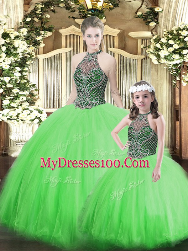 Great Ball Gowns Sweet 16 Dress Green Halter Top Tulle Sleeveless Floor Length Lace Up