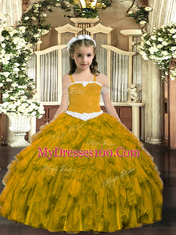 Admirable Brown Ball Gowns Organza Straps Sleeveless Appliques and Ruffles Floor Length Lace Up Glitz Pageant Dress