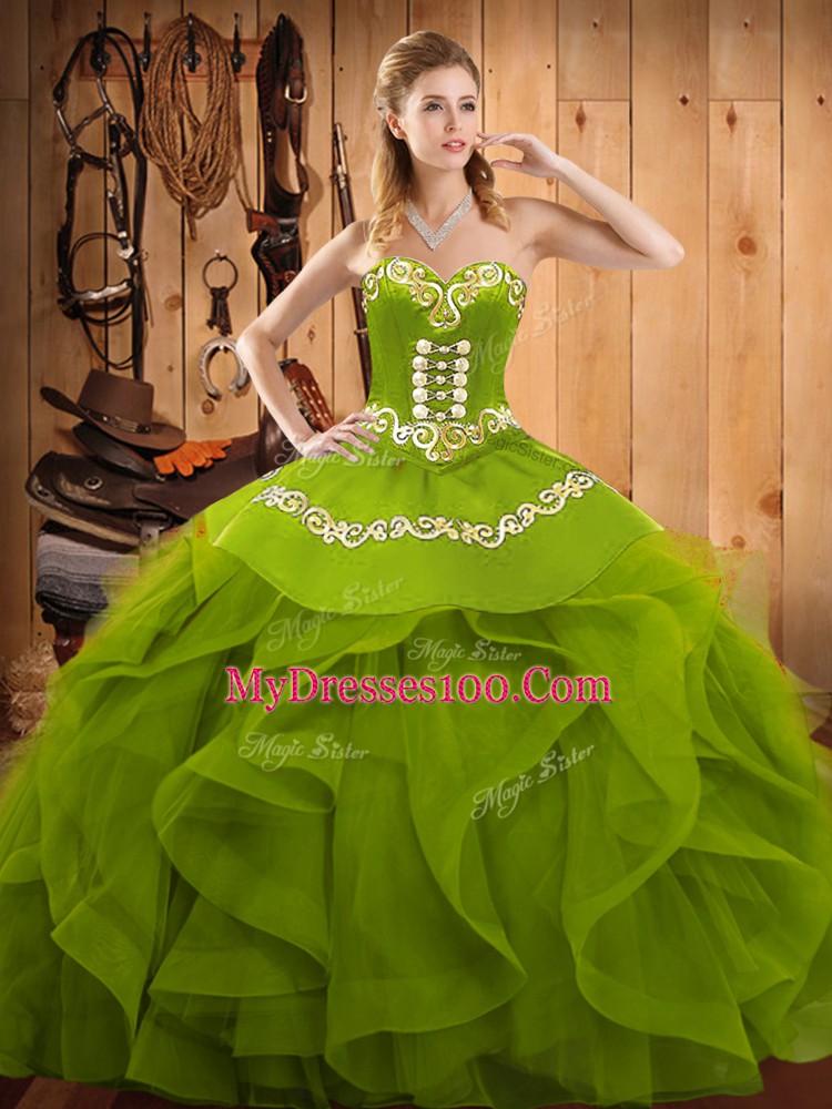Hot Selling Ball Gowns Sweet 16 Quinceanera Dress Olive Green Sweetheart Organza Sleeveless Floor Length Lace Up