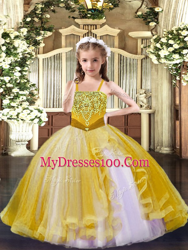 Fantastic Gold Tulle Lace Up Straps Sleeveless Floor Length Pageant Dress for Womens Beading