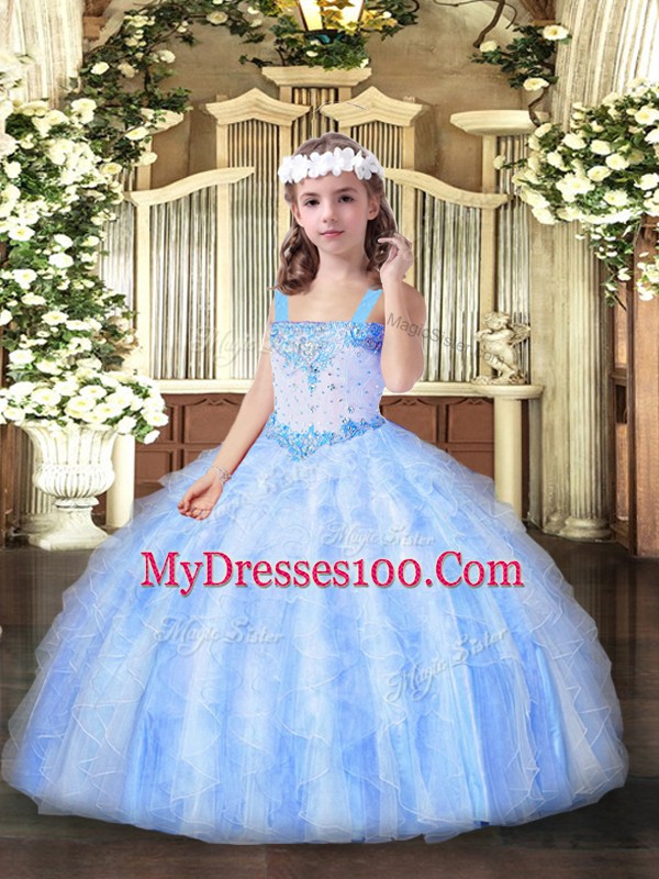 Light Blue Sleeveless Floor Length Beading and Ruffles Lace Up Little Girls Pageant Dress Wholesale