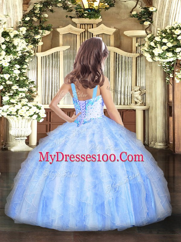 Light Blue Sleeveless Floor Length Beading and Ruffles Lace Up Little Girls Pageant Dress Wholesale