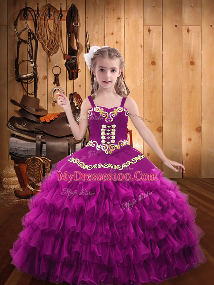 Sleeveless Embroidery and Ruffled Layers Lace Up Pageant Gowns For Girls