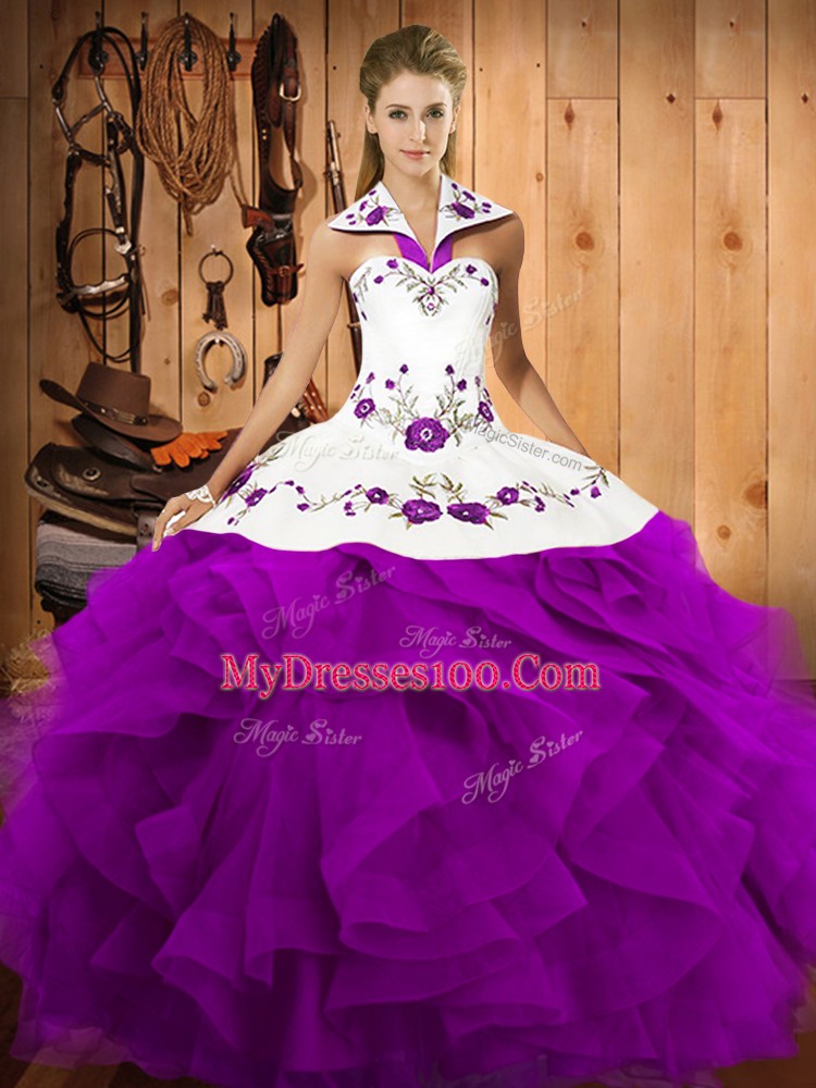 Excellent Purple Ball Gowns Embroidery and Ruffles Quinceanera Dresses Lace Up Satin and Organza Sleeveless Floor Length