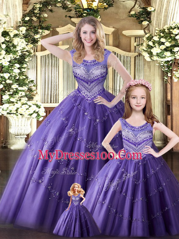 Modest Tulle Scoop Sleeveless Lace Up Beading Ball Gown Prom Dress in Eggplant Purple