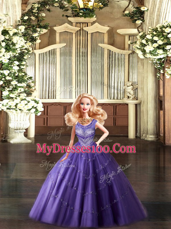 Modest Tulle Scoop Sleeveless Lace Up Beading Ball Gown Prom Dress in Eggplant Purple