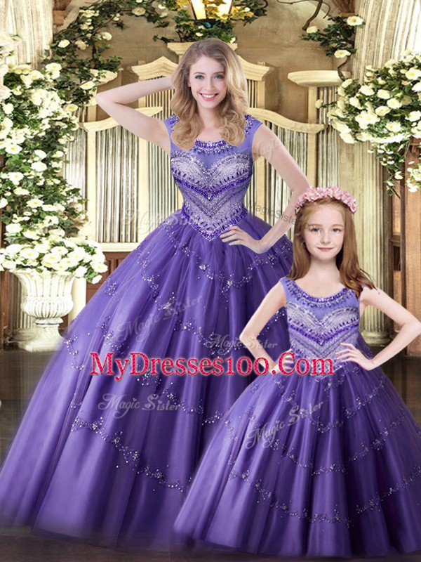 Modest Tulle Scoop Sleeveless Lace Up Beading Ball Gown Prom Dress in Eggplant Purple