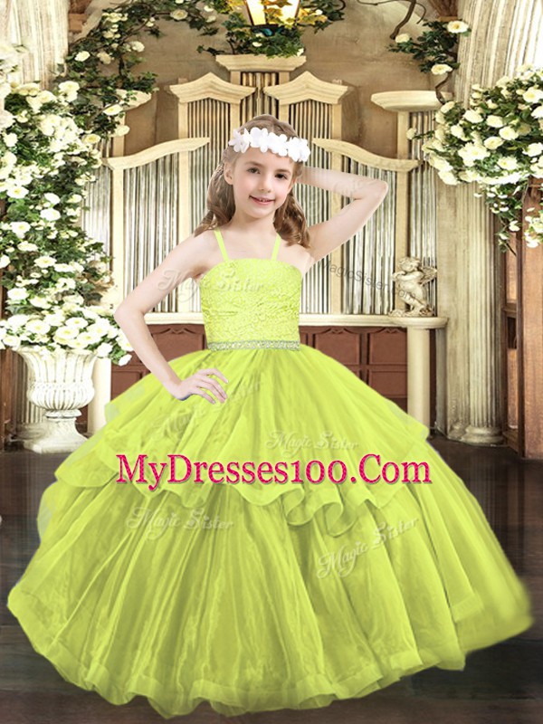 Discount Floor Length Ball Gowns Sleeveless Yellow Green Girls Pageant Dresses Zipper