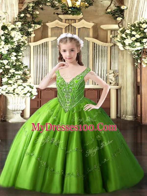 Affordable Green Ball Gowns V-neck Sleeveless Tulle Floor Length Lace Up Beading and Appliques Girls Pageant Dresses