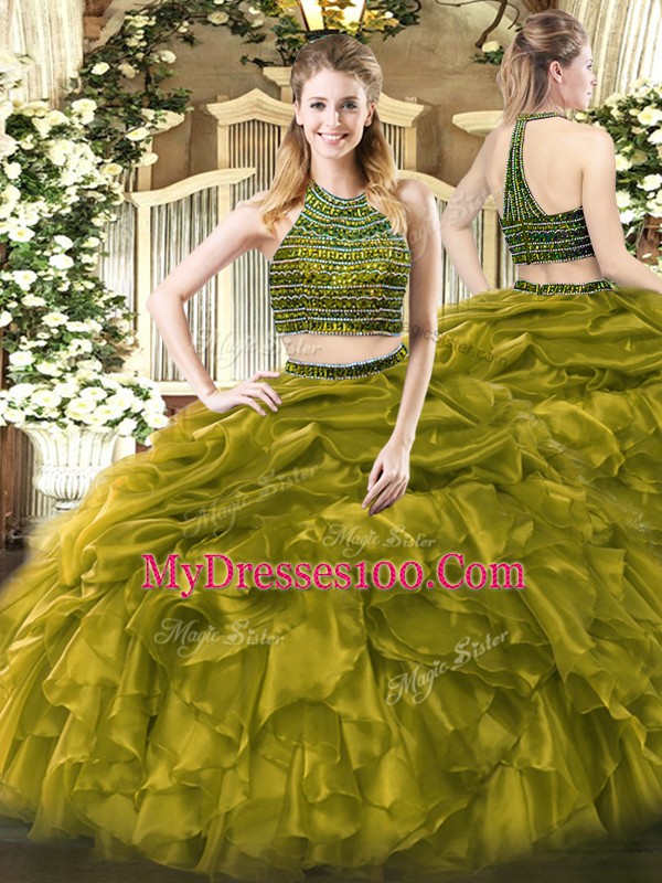 Nice Halter Top Sleeveless Tulle Quince Ball Gowns Beading and Ruffles Zipper