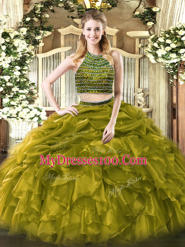 Nice Halter Top Sleeveless Tulle Quince Ball Gowns Beading and Ruffles Zipper