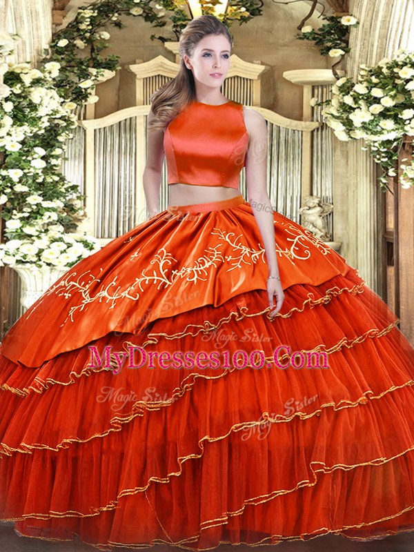Orange Red High-neck Criss Cross Embroidery and Ruffled Layers 15 Quinceanera Dress Sleeveless