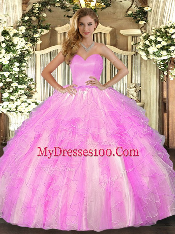 Decent Lilac Ball Gowns Sweetheart Sleeveless Organza Floor Length Lace Up Ruffles 15 Quinceanera Dress