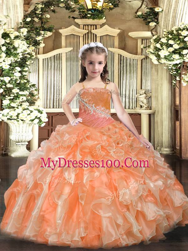 Stylish Straps Sleeveless Lace Up Pageant Dress Orange Organza