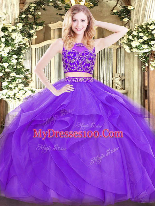 Scoop Sleeveless Tulle Quinceanera Gowns Beading and Ruffles Zipper