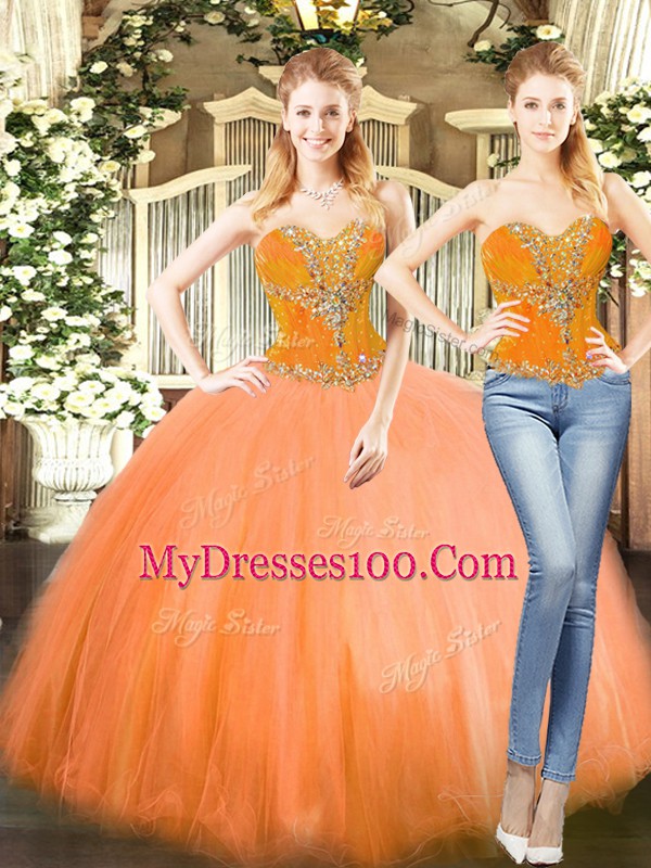 Elegant Sleeveless Floor Length Beading Lace Up Quinceanera Dress with Orange Red