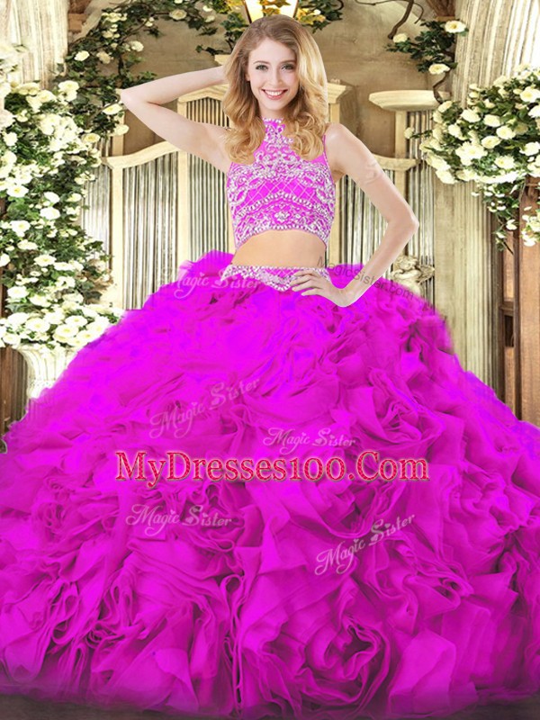 Affordable Two Pieces Quince Ball Gowns Fuchsia High-neck Tulle Sleeveless Floor Length Backless