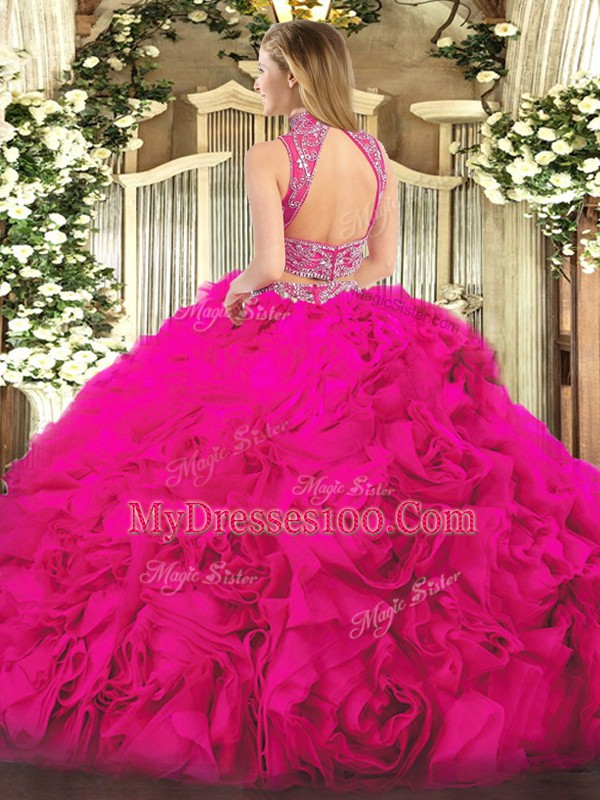 Affordable Two Pieces Quince Ball Gowns Fuchsia High-neck Tulle Sleeveless Floor Length Backless
