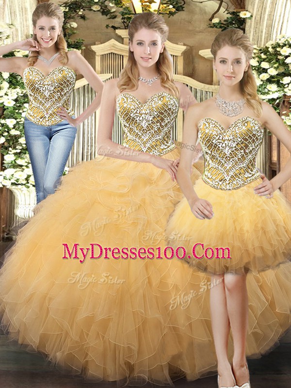 Floor Length Lace Up Quinceanera Gowns Gold for Military Ball and Sweet 16 and Quinceanera with Beading and Ruffles