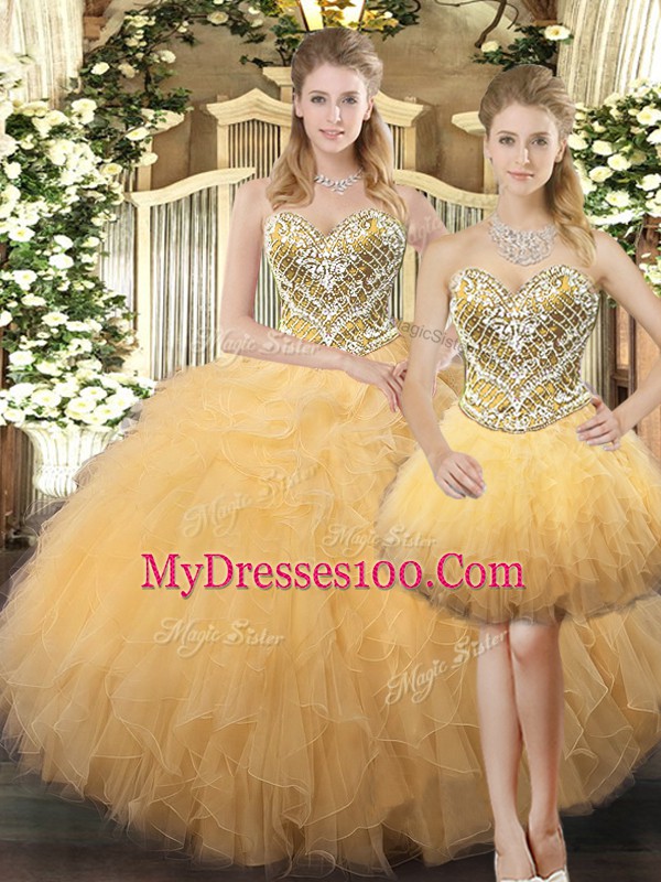 Floor Length Lace Up Quinceanera Gowns Gold for Military Ball and Sweet 16 and Quinceanera with Beading and Ruffles