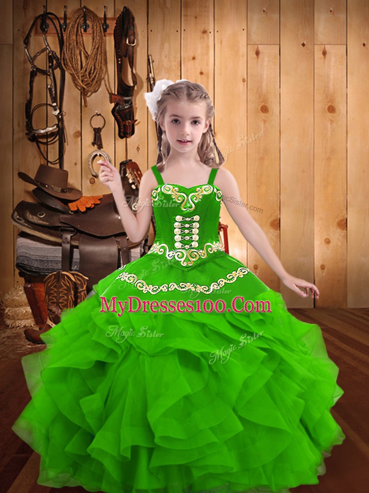 Floor Length Lace Up Custom Made Pageant Dress Green for Sweet 16 and Quinceanera and Wedding Party with Embroidery and Ruffles