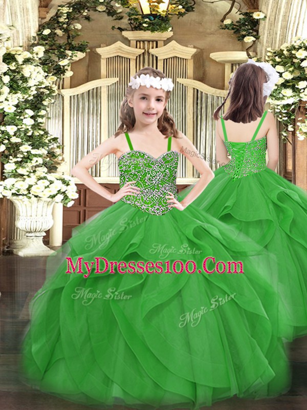Green Ball Gowns Beading and Ruffles Girls Pageant Dresses Lace Up Tulle Sleeveless Floor Length