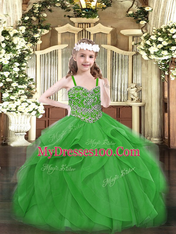Green Ball Gowns Beading and Ruffles Girls Pageant Dresses Lace Up Tulle Sleeveless Floor Length