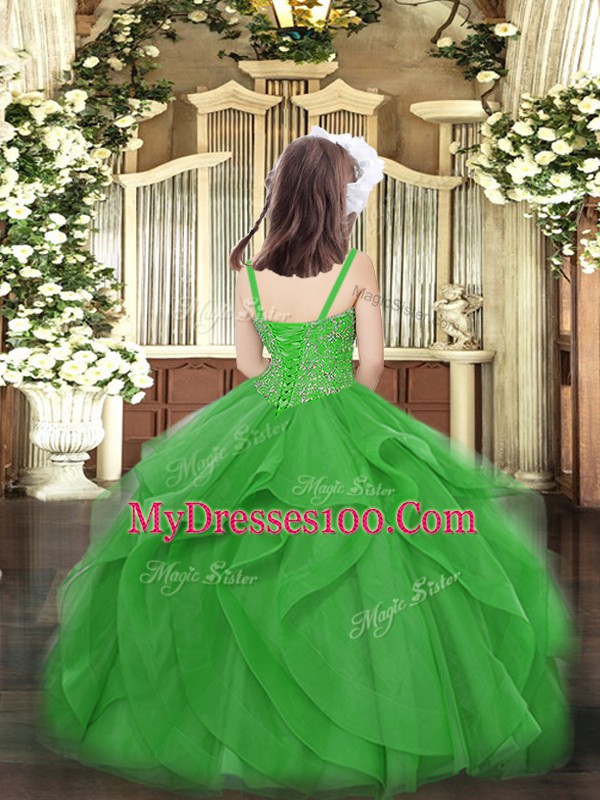 Green Ball Gowns Beading and Ruffles Girls Pageant Dresses Lace Up Tulle Sleeveless Floor Length