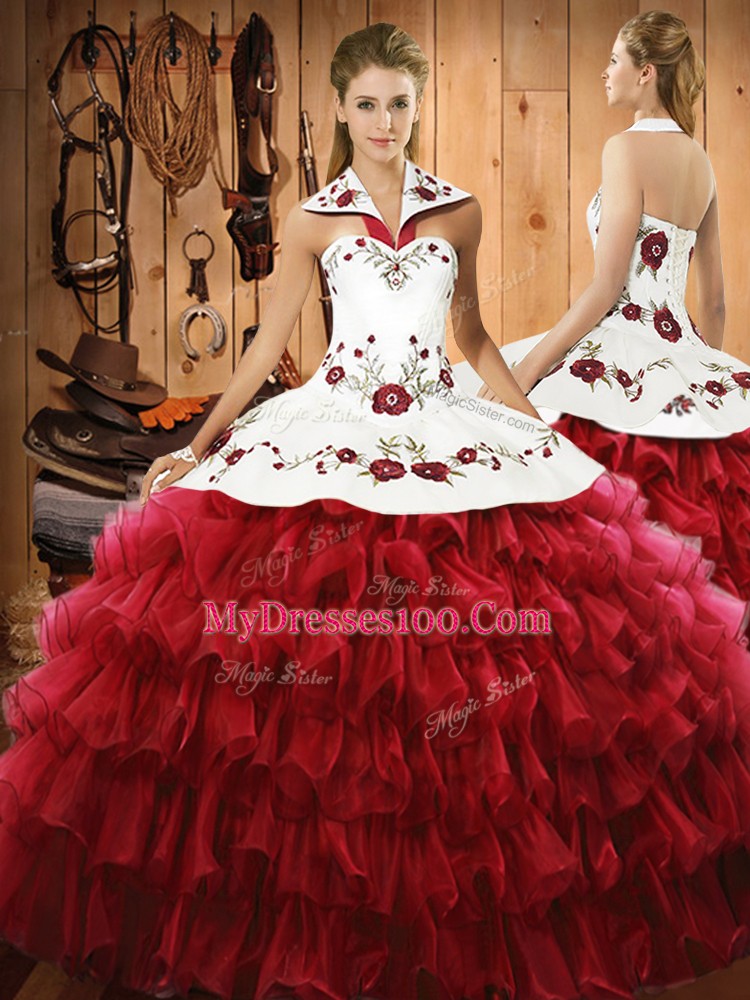 Floor Length Lace Up Sweet 16 Dress Wine Red for Military Ball and Sweet 16 and Quinceanera with Embroidery and Ruffled Layers