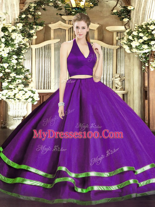 Purple Zipper Quinceanera Gowns Ruffled Layers Sleeveless Floor Length