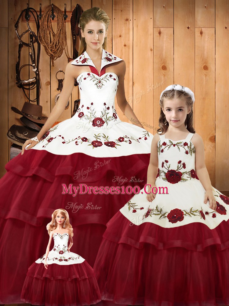 Amazing Satin and Organza Halter Top Sleeveless Brush Train Lace Up Embroidery and Ruffled Layers 15 Quinceanera Dress in Wine Red